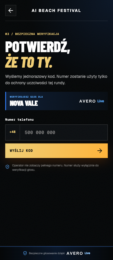 Ekran AVERO Live z potwierdzeniem głosu publiczności przez SMS