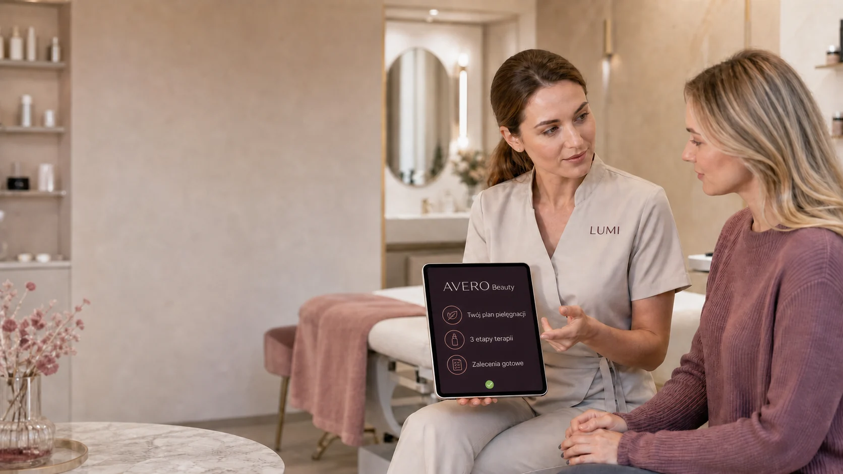 Wizualizacja konsultacji klientki w salonie korzystającym z AVERO Beauty
