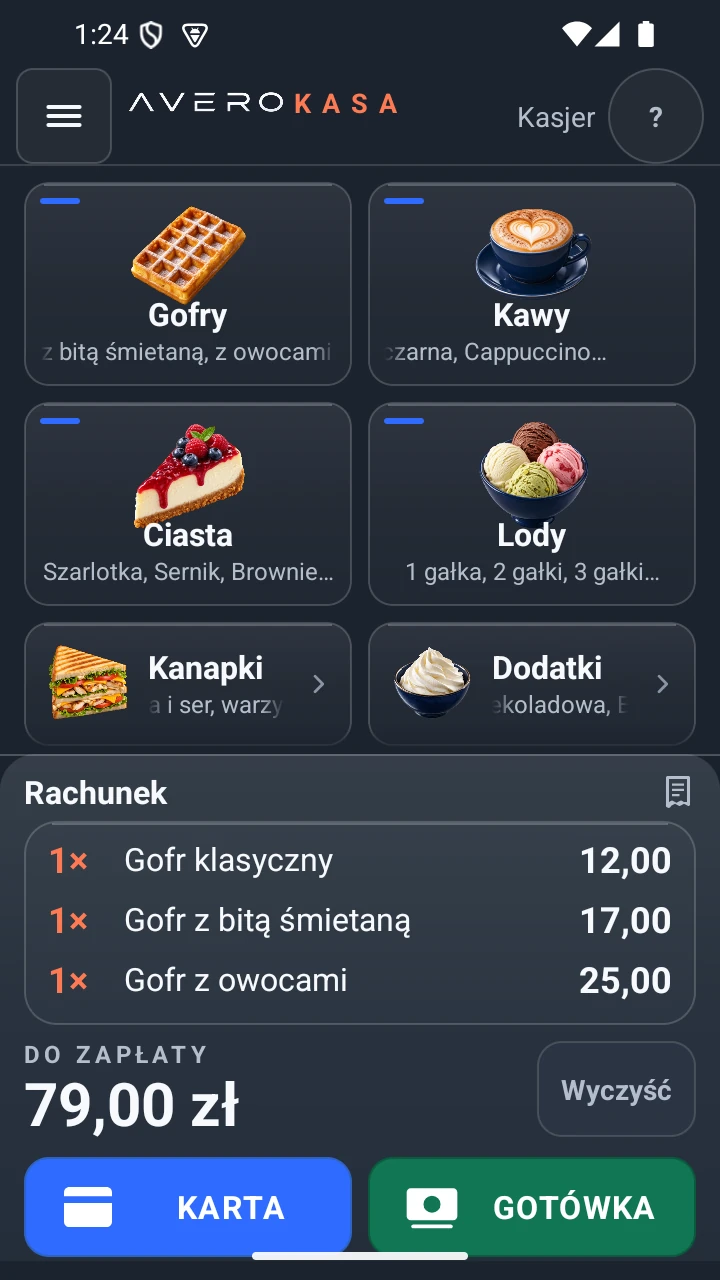 AVERO Kasa: duże kafle kawiarni, rachunek 79 zł oraz płatność kartą lub gotówką