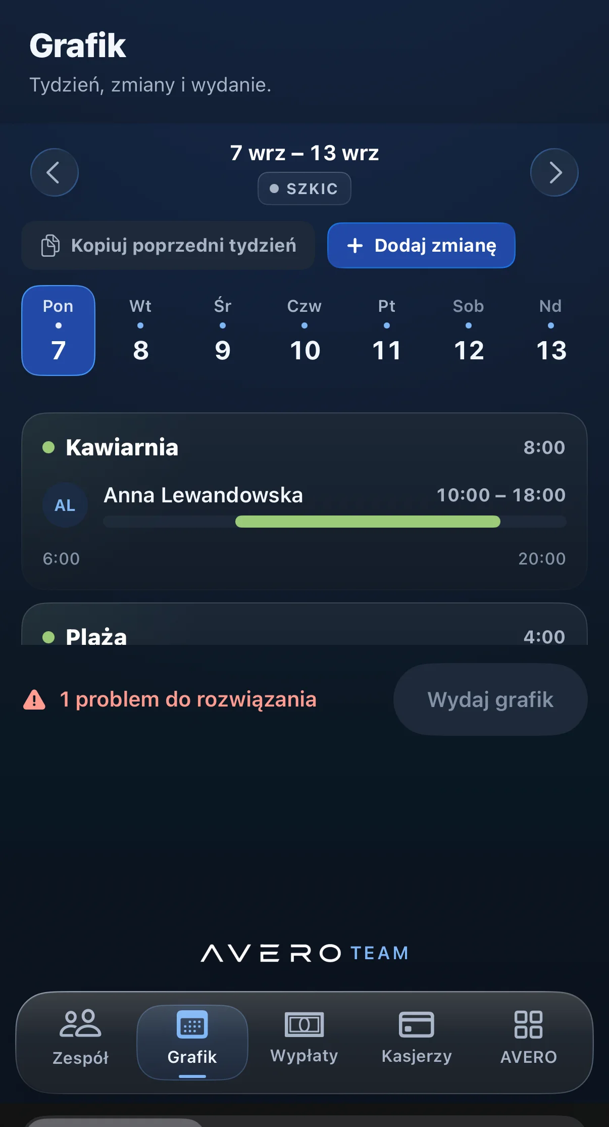 AVERO Team: tygodniowy grafik zespołu z ostrzeżeniem o nieprawidłowości przed publikacją