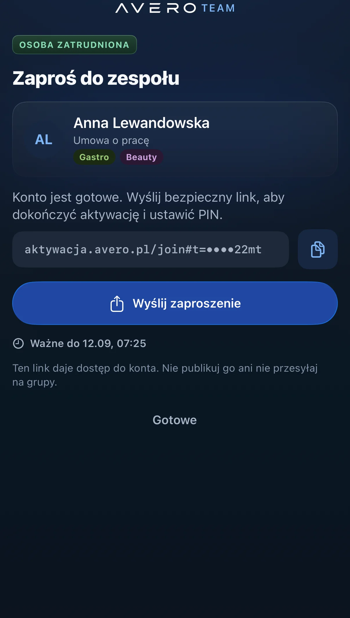 AVERO Team: bezpieczne zaproszenie nowej osoby do zespołu